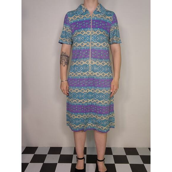 Vtg Mod 60s Half Zip Blue Purple Tan Mid Length Mumu Night Gown Cover Up Sz Sm - Picture 4 of 10